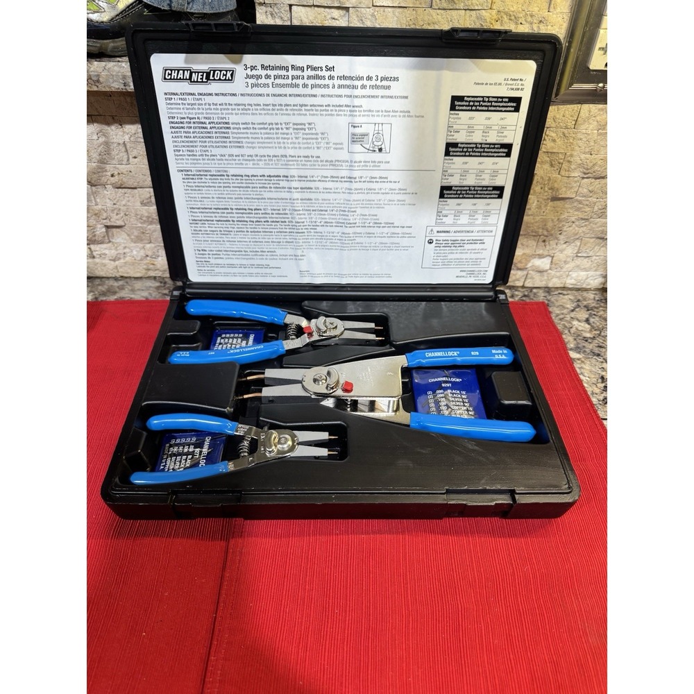 CHANNEL LOCK RT-3 3-PIECE CONVERTIBLE RETAINING RING PLIER SET 6.25" 8" 10" BLUE